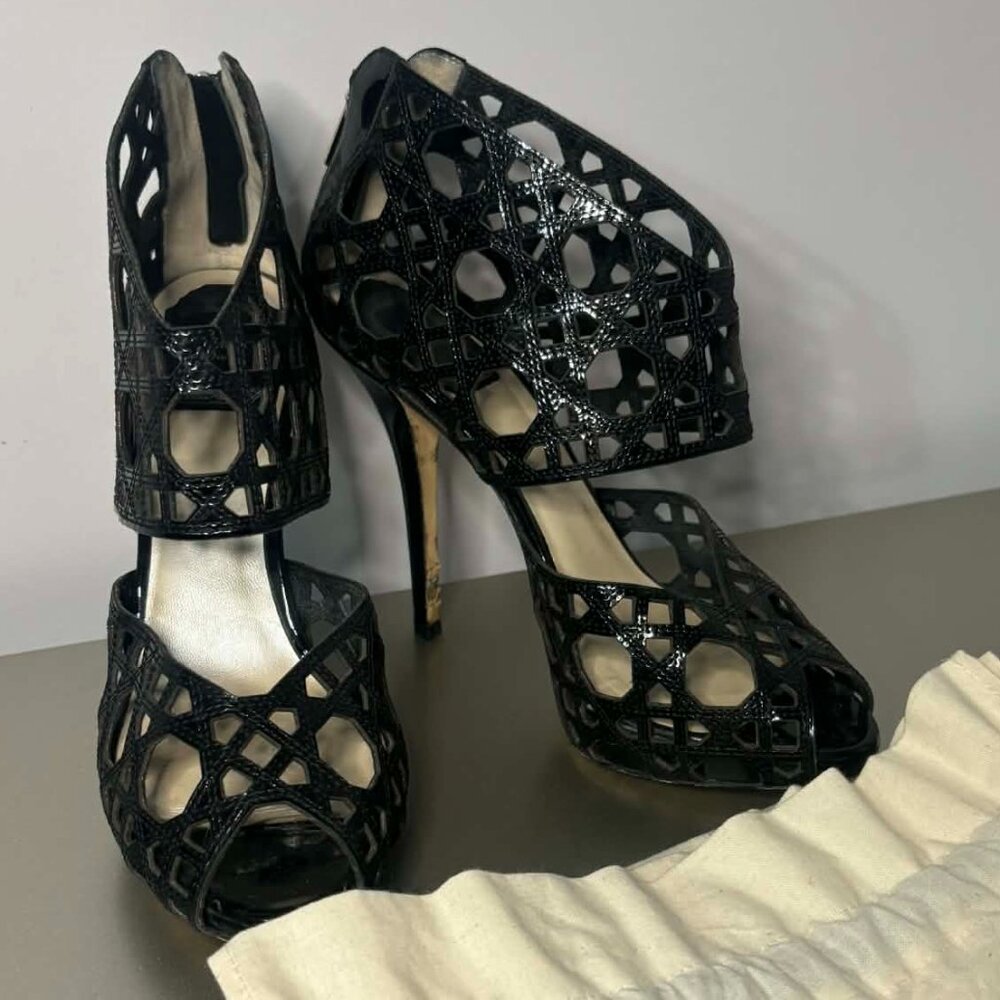 Christian Dior Miss Dior Black Patent Cannage Caged Stiletto Sandals